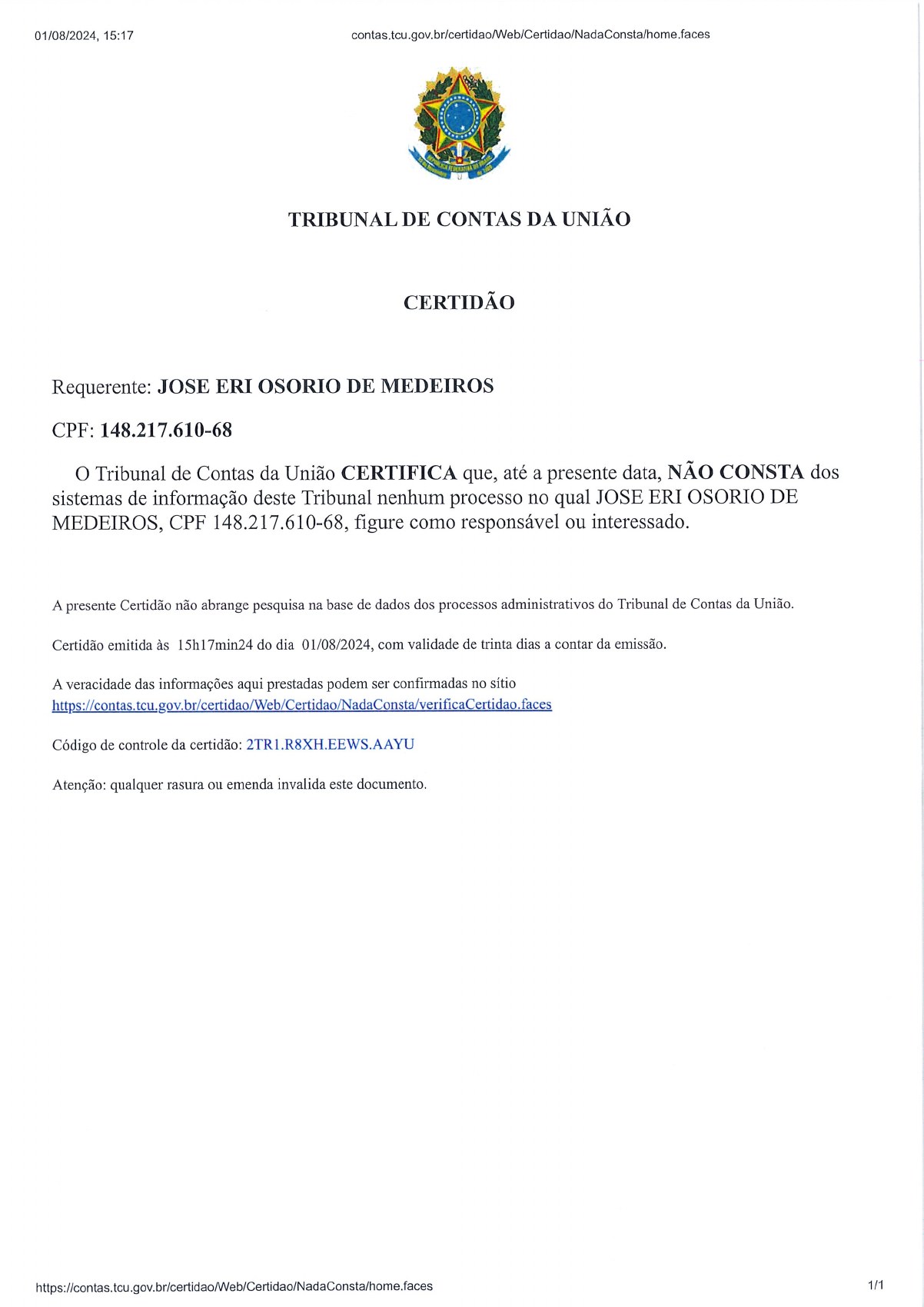 Página 1 de Certidão de Nada Consta do Tribunal de Contas da União
