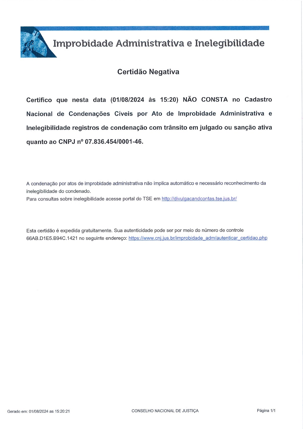 Página 1 de Certidão Negativa de Improbidade Administrativa e Inelegibilidade