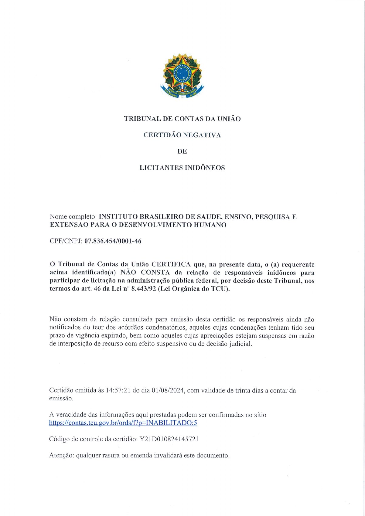 Página 1 de Certidão Negativa de Licitantes Inidôneos