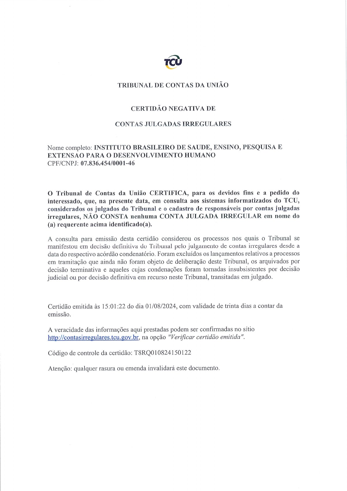 Página 1 de Certidão Negativa do Tribunal de Contas da União