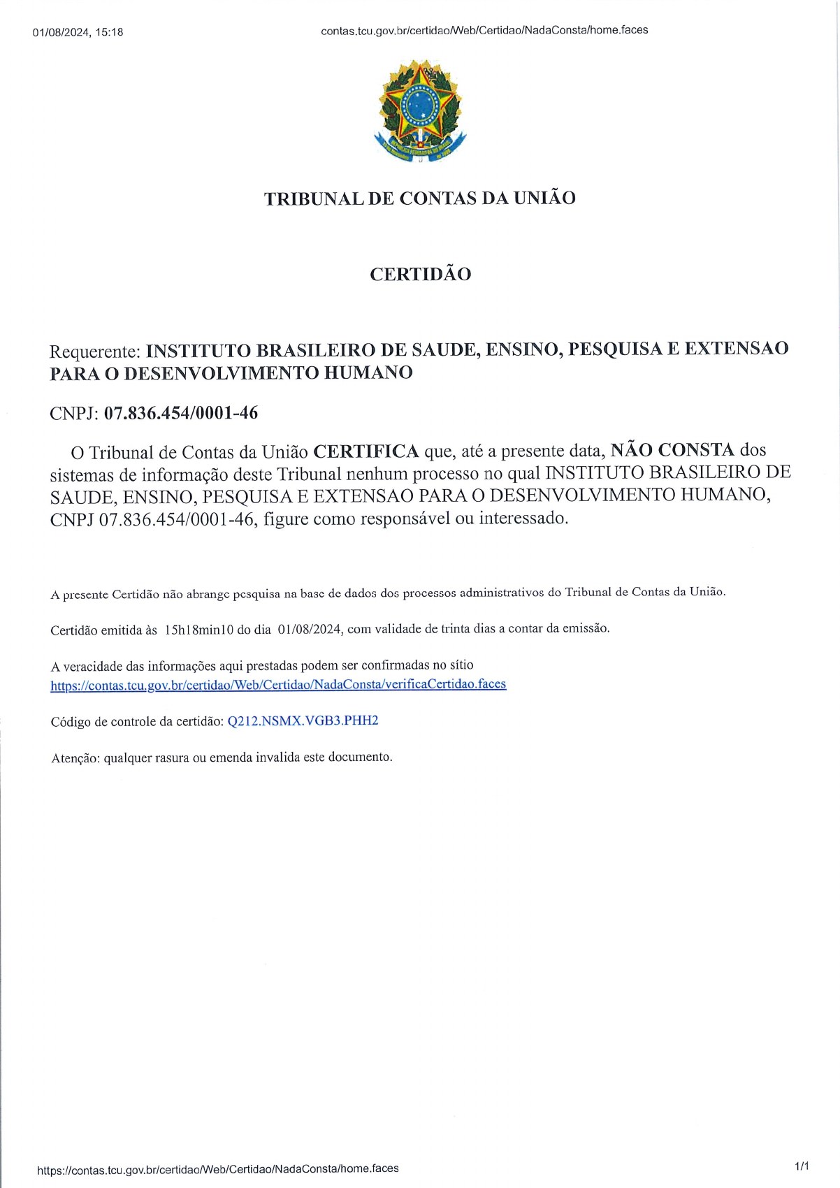 Página 1 de Certidão de Nada Consta do Tribunal de Contas da União