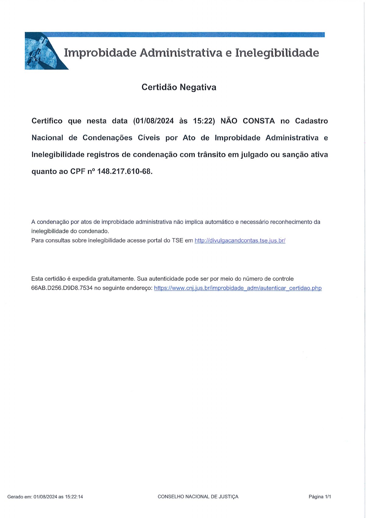 Página 1 de Certidão Negativa de Improbidade Administrativa e Inelegibilidade