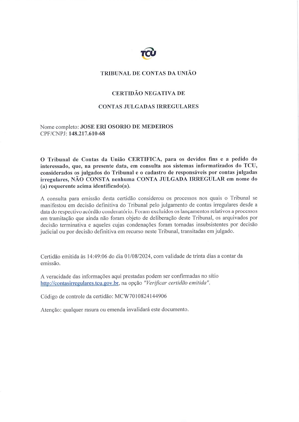 Página 1 de Certidão Negativa do Tribunal de Contas da União