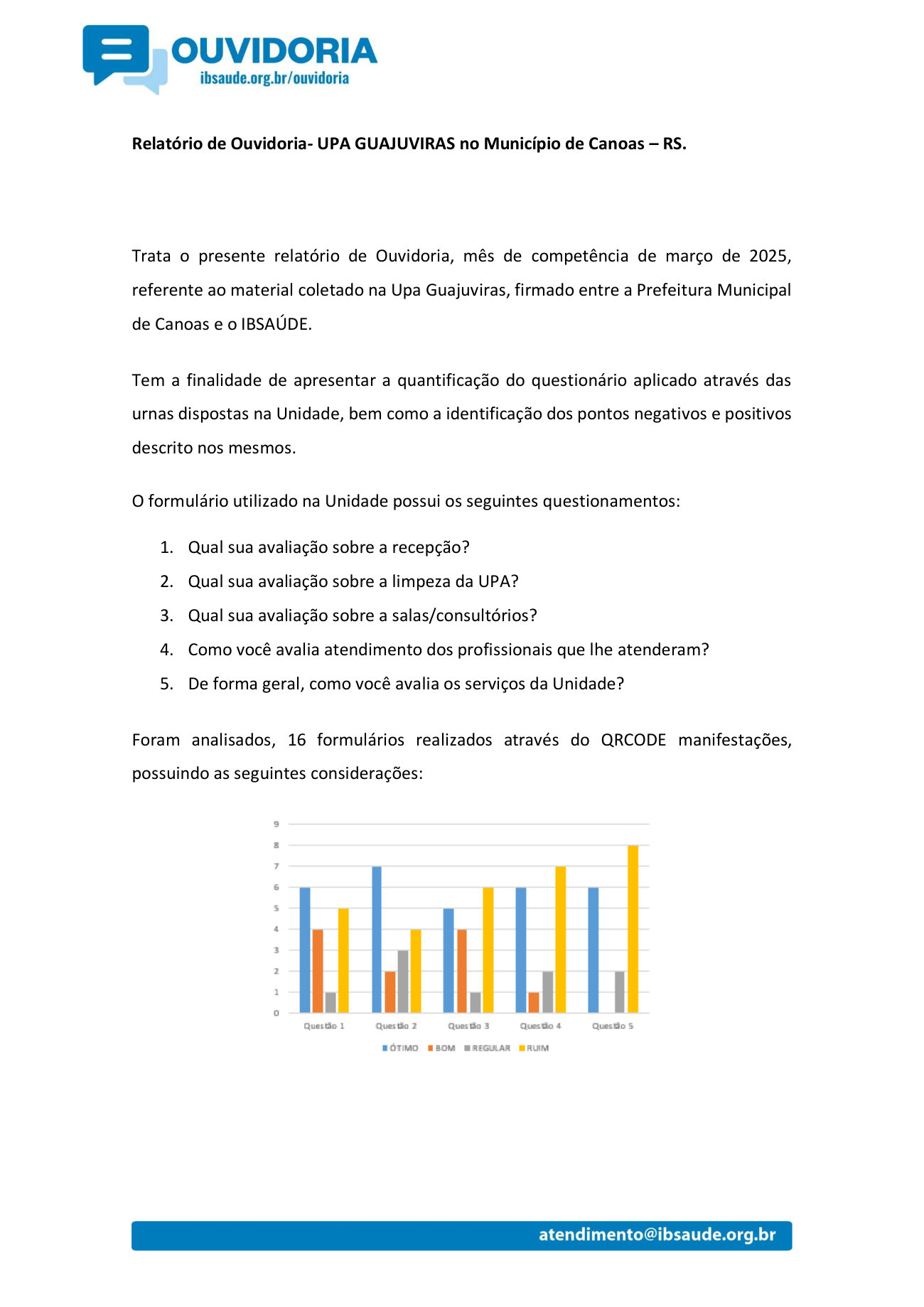Página 1 de Relatório de ouvidoria da UPA Guajuviras de março de 2025