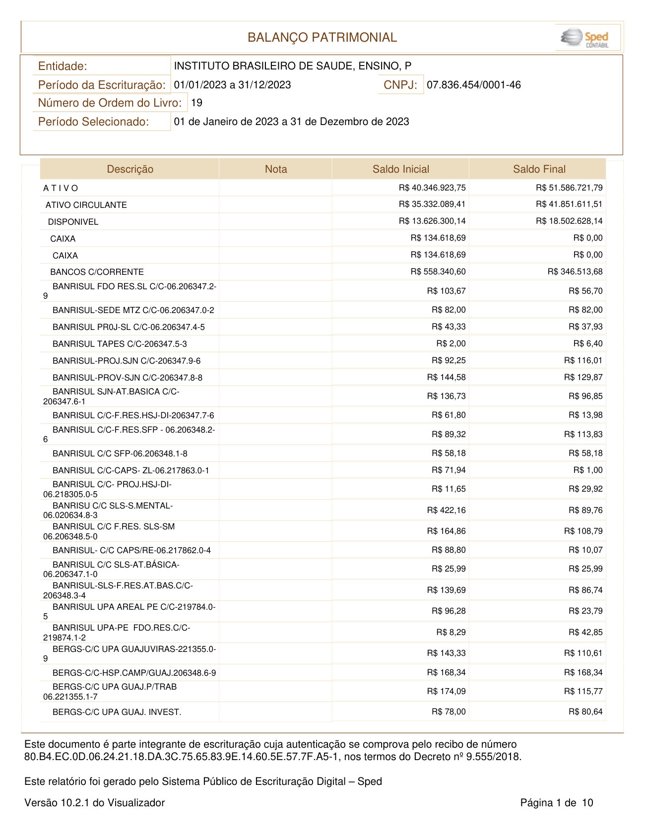 Página 1 de BALANÇO PATRIMONIAL 2023