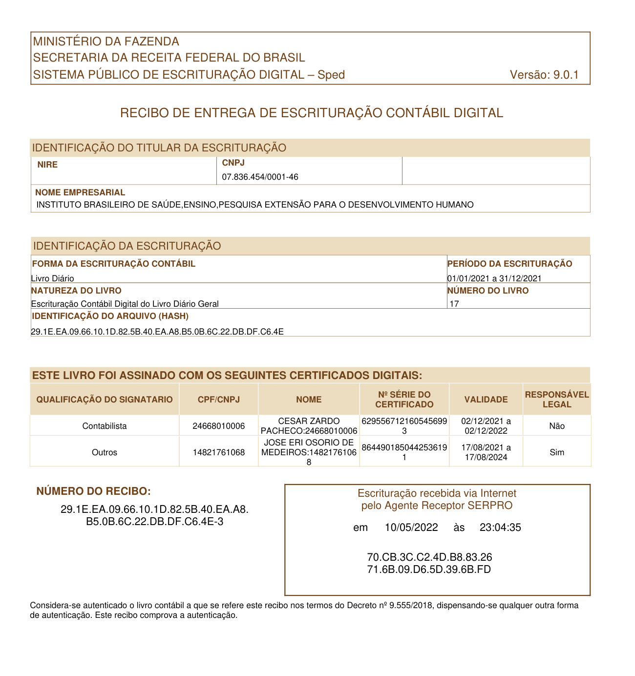 Página 1 de Recibo de Entrega de Escrituração Contábil Digital