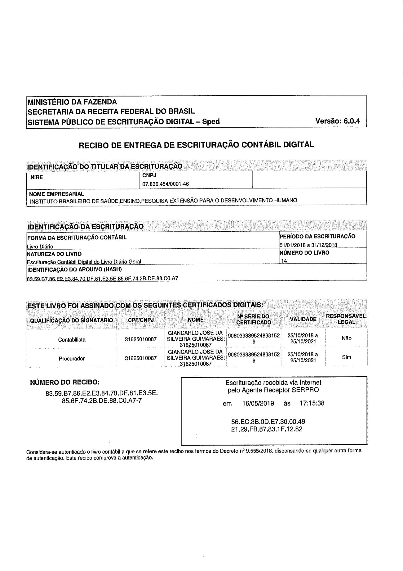 Página 1 de Balanço Patrimonial Exercício 2018