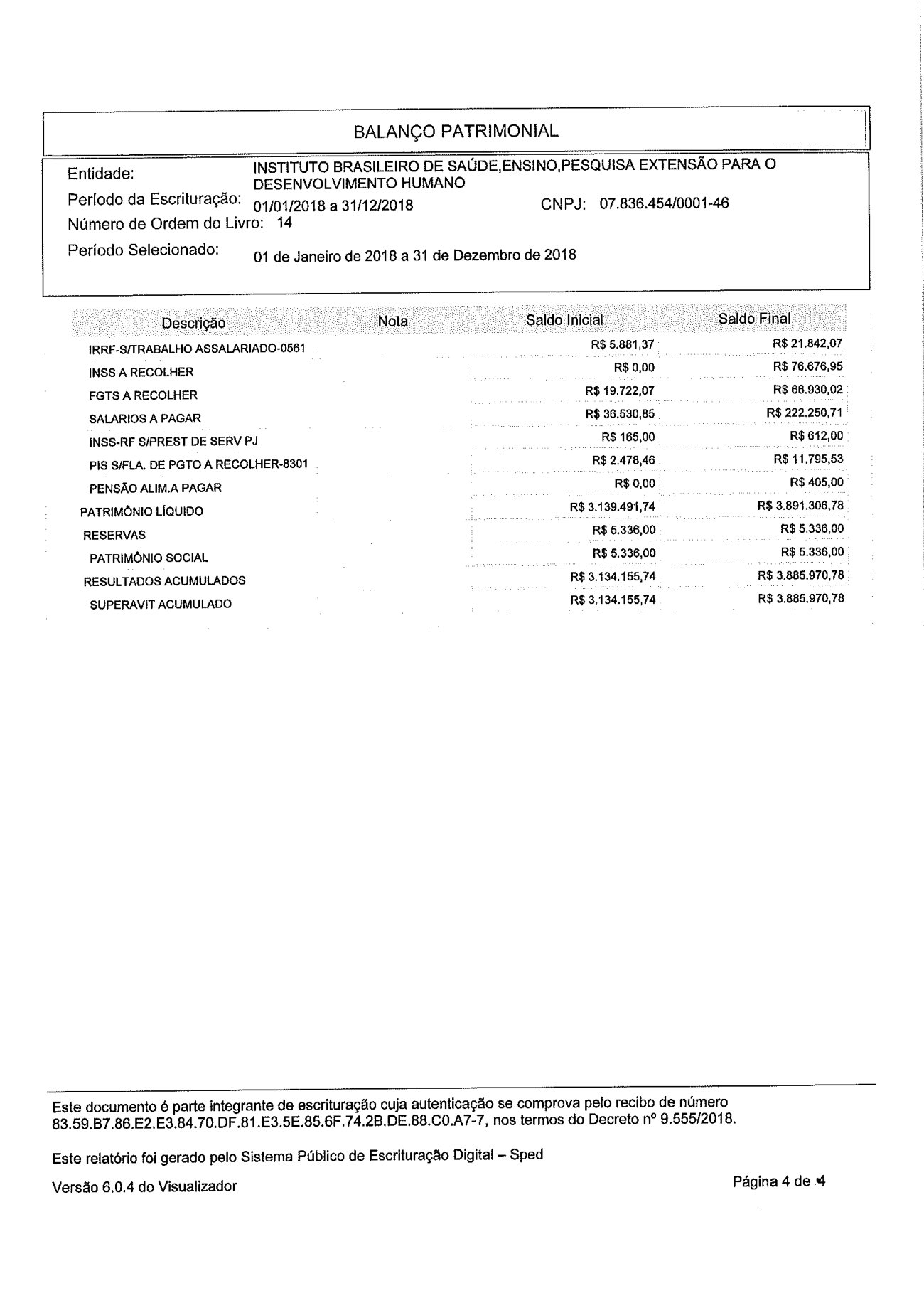 Página 5 de Balanço Patrimonial Exercício 2018