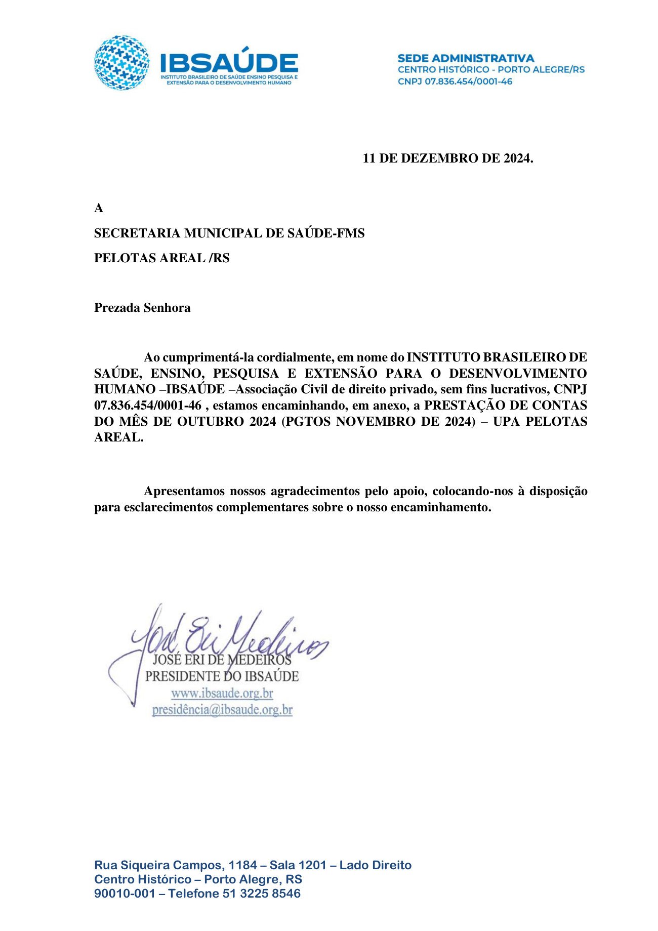 Página 1 de Relatorio Financeiro Upa Areal Outubro 2024